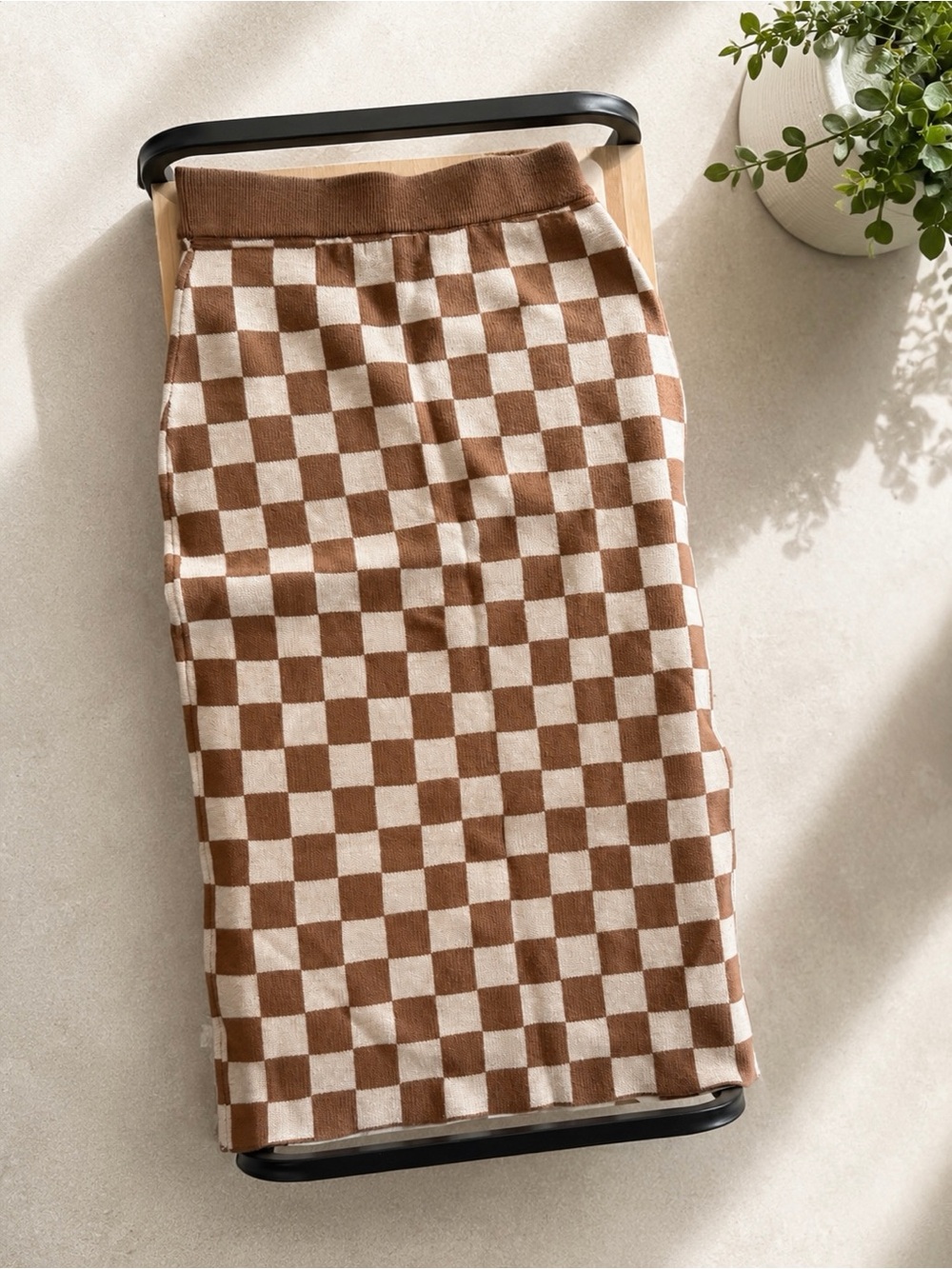 Polagram Brown and Cream Checker Knit Pencil Skirt